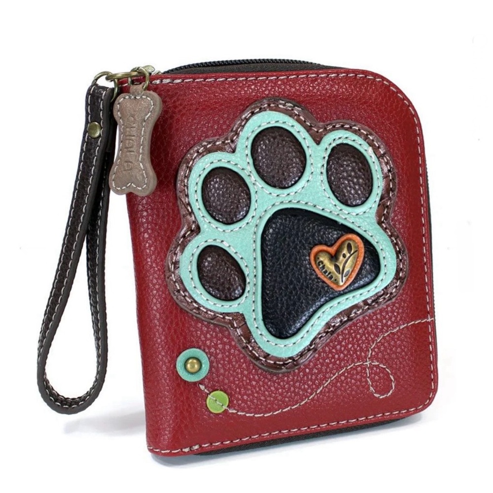 NEW CHALA BURGUNDY TEAL PAW PRINT DOG WRISTLET ZIP AROUND WALLET  VEGAN LEATHER